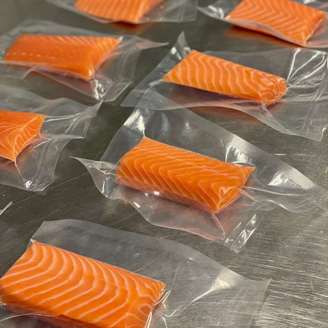 Styckade loins av färöisk sushilax i vakuumförpackning på köksbänk – redo att frysas in eller serveras